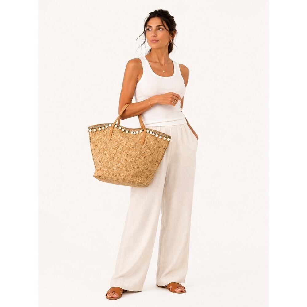 Sondra Roberts Squared Cork Tote Bag Pom Pom Braid Trim Vegan‎ Gold